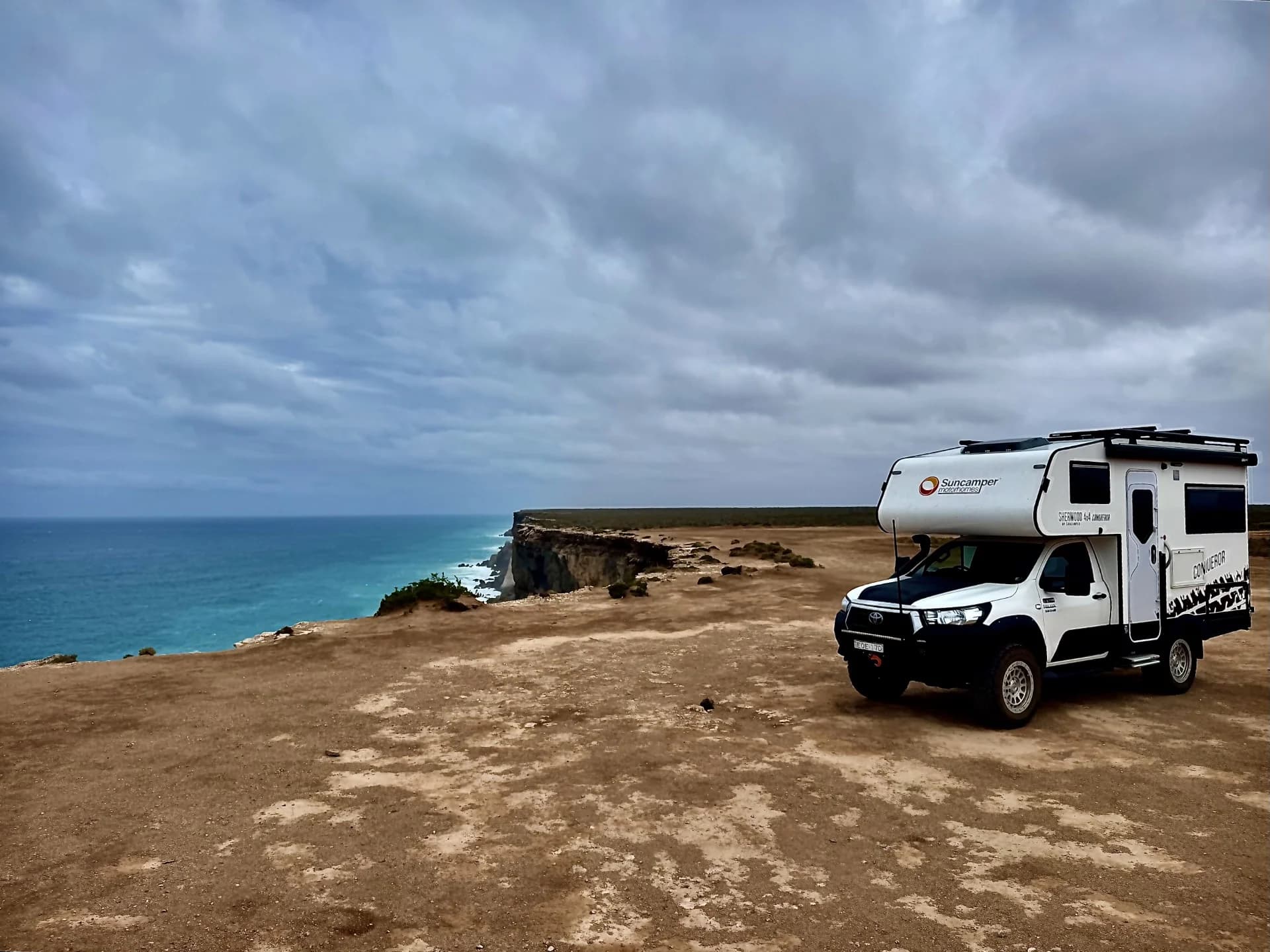 Suncamper perched near the dramatic edge of the Bunda Cliffs on the Nullarbor, South Australia