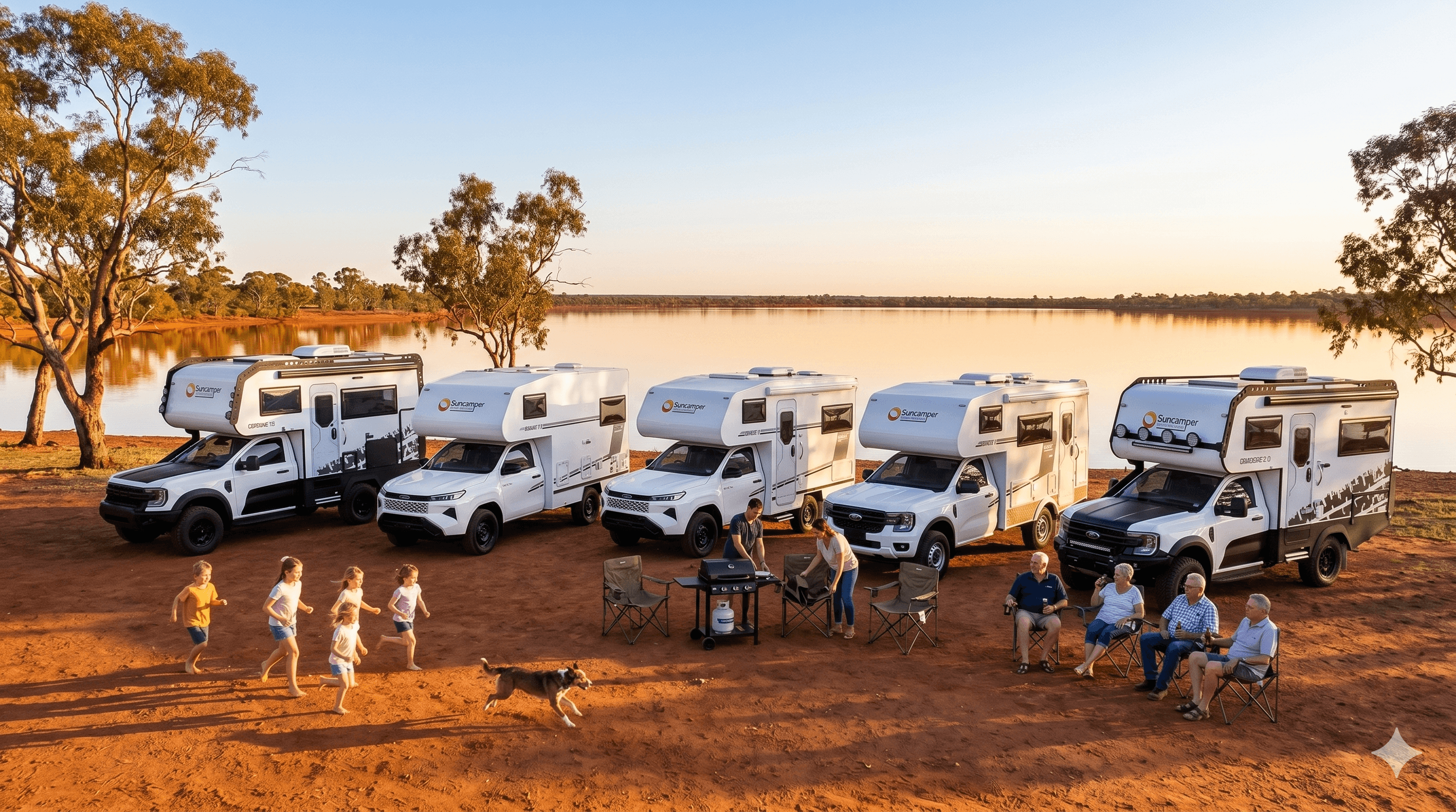 Sherwood compact motorhome on a remote Australian outback track at sunset