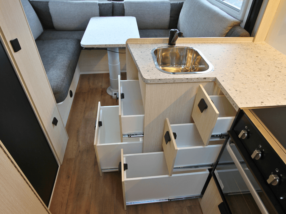 Suncamper Saxby V-2 kitchen detail — kitchen