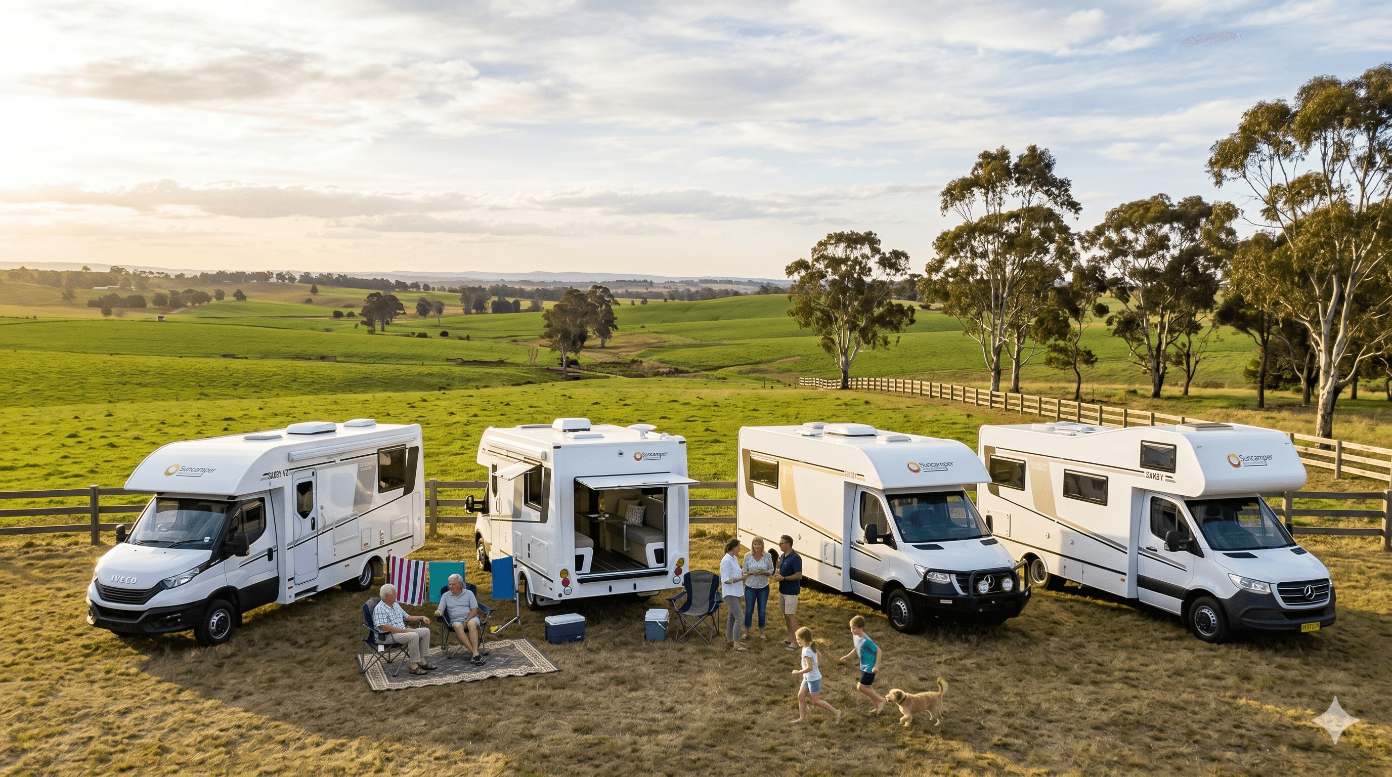Suncamper Saxby range — mid-size touring motorhomes in an Australian outdoor setting