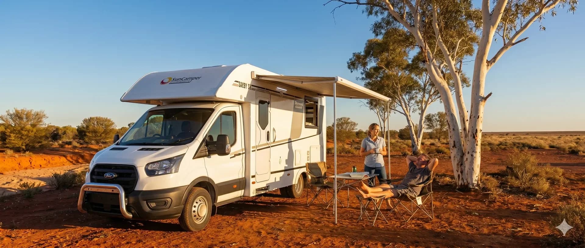 Suncamper motorhome on an Australian road, backed by a five-year or 100,000km structural warranty, whichever occurs first