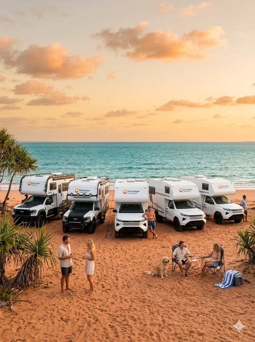The full Suncamper motorhome range lined up on the beach at sunset