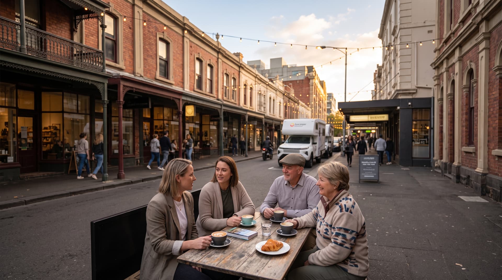 Suncamper motorhomes parked on a lively Melbourne laneway at dusk, with a group having coffee at an outdoor café table