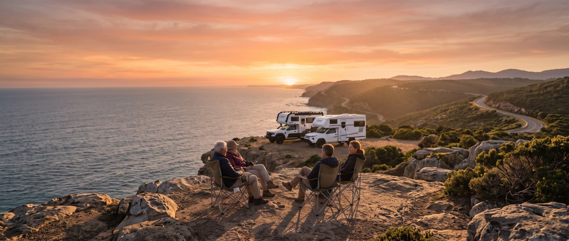 Suncamper motorhomes parked on a coastal clifftop at sunset, with a group relaxing in camp chairs overlooking the water