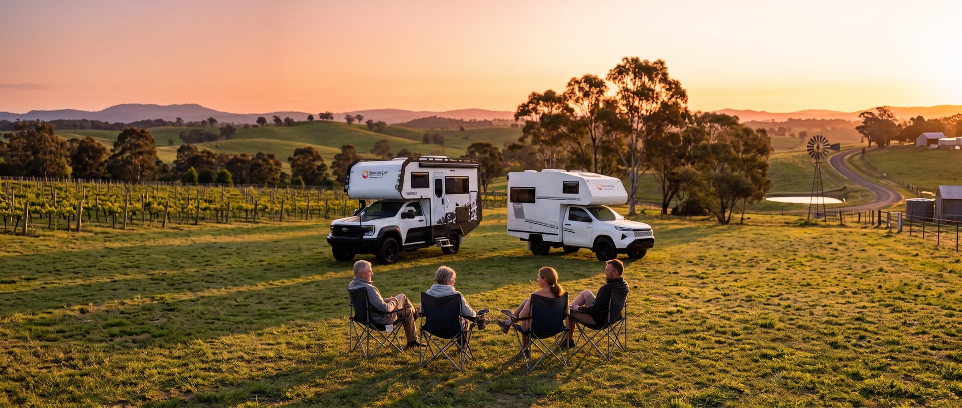 Suncamper Sherwood motorhomes parked among vineyards at sunset, with a group relaxing in camp chairs