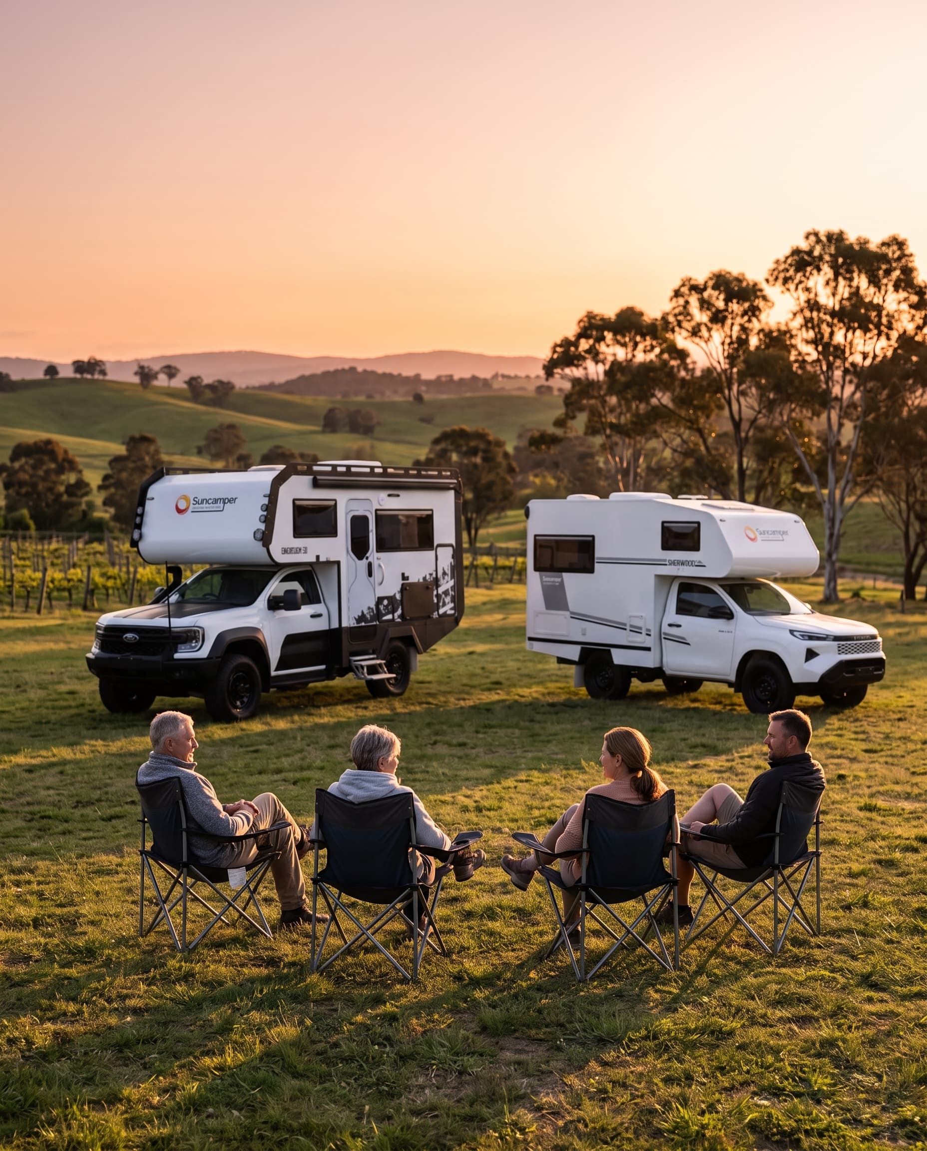 Suncamper Sherwood motorhomes parked in rolling countryside at sunset, with a group relaxing in camp chairs